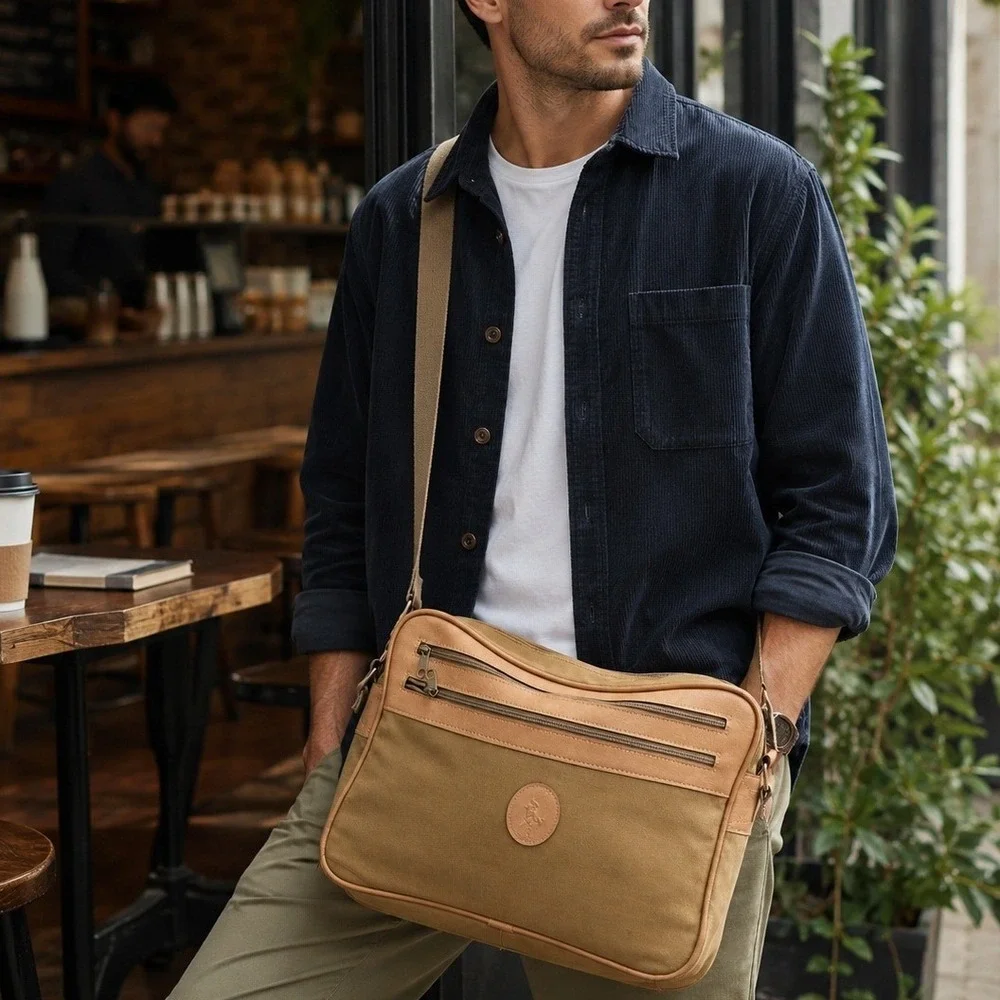 U.S. Polo Assn Canvas Messenger Bag Tan Crossbody Laptop Travel Unisex Heritage